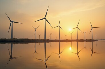 Wind turbines reflected in water with golden sky, Ai Generate.