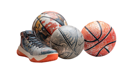 Stylish basketball shoes and artistic basketballs design collection sporty fashionable apparel trendy red game on transparent background