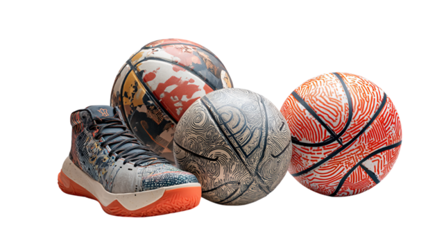 Stylish basketball shoes and artistic basketballs design collection sporty fashionable apparel trendy red game on transparent background