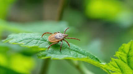 Naklejka premium Close-up of a tick on a green leaf, symbolizing Lyme disease transmission in nature, health risk and danger from parasites in outdoor environment. 