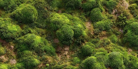 Green moss growing on rocky earthy surface in natural outdoor texture
