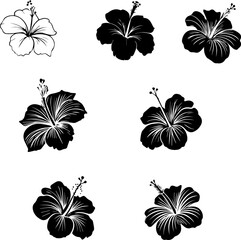 Hibiscus Flower Line Art Silhouette Vector Set | 6 Floral Icon Illustrations Collection