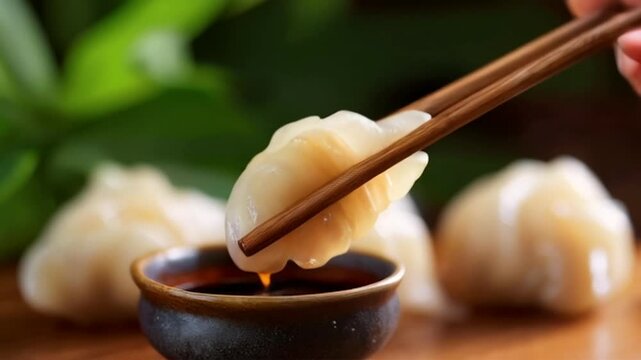 Har Gow Shrimp Dumpling Being Dipped in Soy Sauce with Chopsticks Close Up
