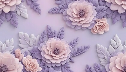 Floral arrangement shows pastel lavender flowers and leaves against a soft gradient background.