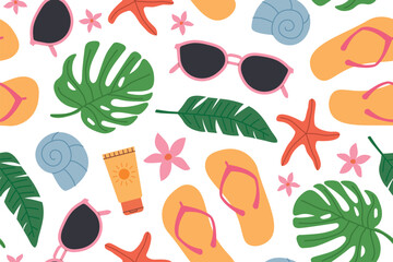 seamless summer pattern with green palm leaves; flip-flops, sun cream, sunglasses, sea shells, starfish and flowers - vector illustration