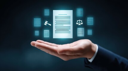A professional hand holding a floating document symbolizing legal matters, with scales and gavel icons in the background, representing justice and law concepts in modern business.
