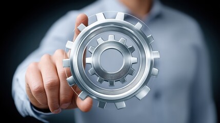 A professional holding a metallic gear symbolizing technology and innovation
