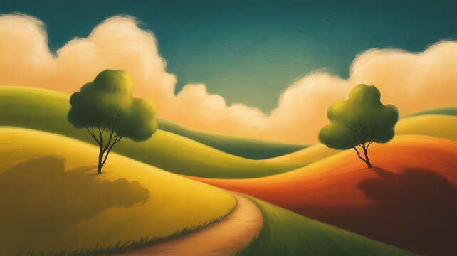 Artistic illustration of rolling hills with trees a pathway and a beautiful sky background