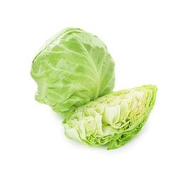 Fototapeta premium Whole and cut fresh green cabbages isolated on white