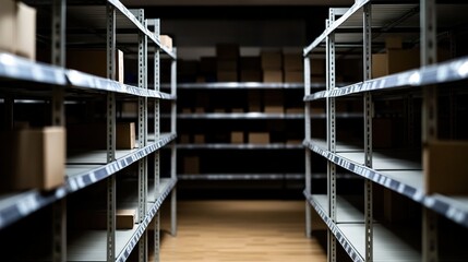 Fototapeta premium Empty supermarket shelves with bare metal rack, minimalist composition showing scarcity and lack of products. Concept of supply chain issues, retail challenges and economic crisis. 