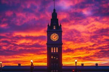 Dramatic sunset over a historic train station clock tower
