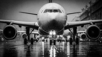 Fototapeta premium Black and white photograph of a plane parked at an airport, surrounded by other planes.