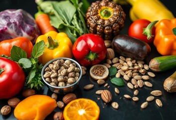 Vibrant close-up of colorful fruits, vegetables, nuts, and seeds on sleek black surface,  fresh,  ingredients