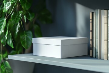 A mockup of a branded office supply packaging box, placed on a shelf