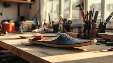 A mockup of a branded dancer shoe sole shaper, placed on a workbench