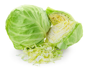 Whole and cut cabbages isolated on white