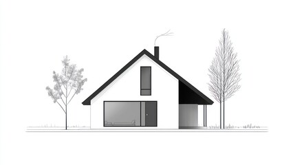 Minimalist black and white sketch of a modern gabled house flanked by two trees