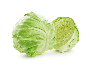 Whole and half of fresh cabbages isolated on white