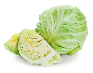 Whole and cut cabbages isolated on white