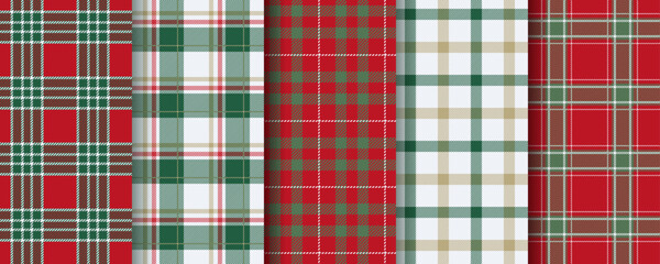 Plaid background. Christmas seamless pattern. Check tartan texture. Red green flannel textile. Set gingham fabric. Vichy print. Lumberjack cloth fabric. Buffalo checkered backdrop. Vector illustration