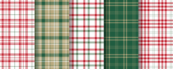 Christmas check pattern. Plaid seamless background. Tartan shirt cloth. Set red green prints. Lumberjack tablecloth. Flannel texture. Geometric Vichy textile. Gingham backdrops. Vector illustration