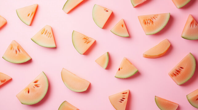 Sliced cantaloupe melon isolated on pink background food photography