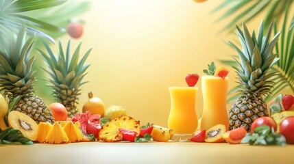 Vibrant tropical fruit display with fresh juice and palm leaves