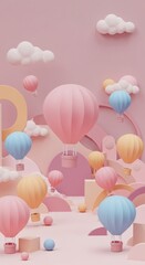 Pastel Hot Air Balloons Floating in a Dreamy Abstract Landscape