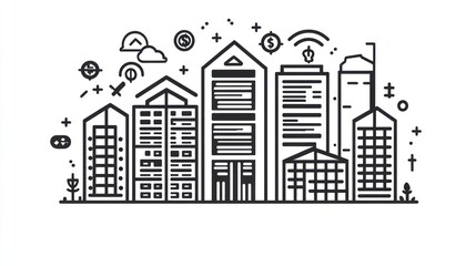 Fototapeta premium Geometric skyline with various building sizes and symbolic elements floating