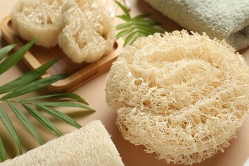 Natural loofah sponges, towel and twigs on beige background, closeup