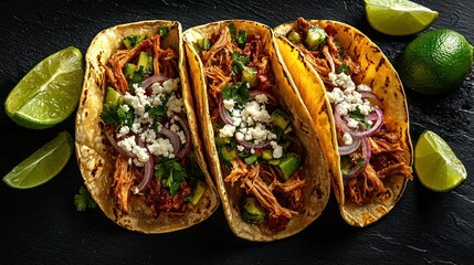 Three delicious pulled pork tacos with avocado, red onion, cilantro, and cotija cheese, garnished with lime wedges.