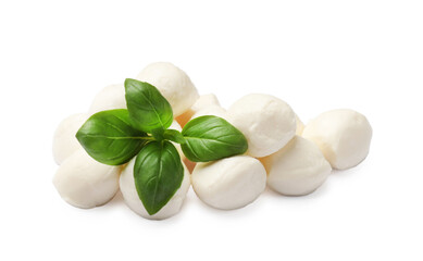 Tasty mozzarella cheese balls and basil isolated on white