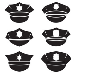 Police Officer Hat Icons, Police Officer Head Silhouettes in Uniform Caps, Outline Illustrations of Police Officer Hats