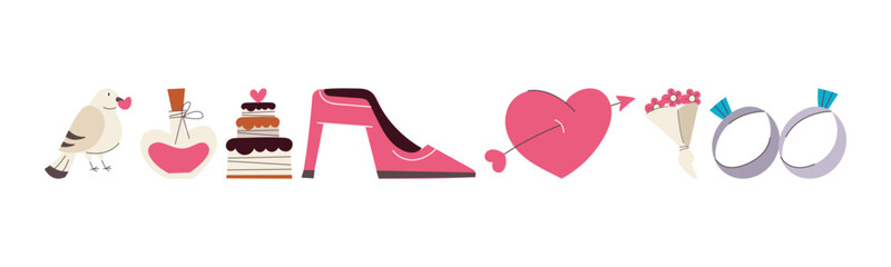 A collection of wedding icons including a dove, potion, cake, heel, heart, bouquet, and rings, set against a white backdrop.