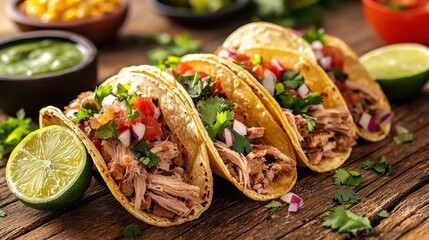 Three delicious pulled pork tacos with toppings on wooden board.