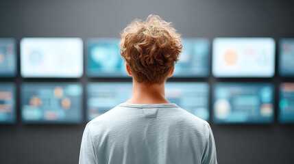 A young man observes multiple digital screens displaying data and graphics, highlighting the intersection of technology and information in a modern setting.