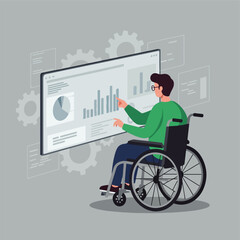 Fototapeta premium Person with Disability Analyzing Data on Large Screen Displaying Charts and Graphs
