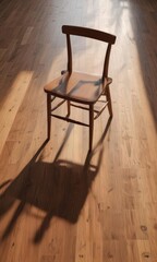 Crisp shadow of a chair on a polished wooden floor, shadow play, natural light
