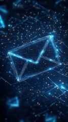 Futuristic digital representation of an envelope in a cosmic background filled with glowing particles and connections