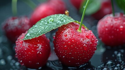 Juicy Red Cherries with Dew Drops and Leaf