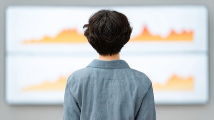 Fototapeta premium A young professional observes data trends on digital screens, reflecting analytical thinking and decision-making in a modern workplace. The scene embodies focus and strategy.