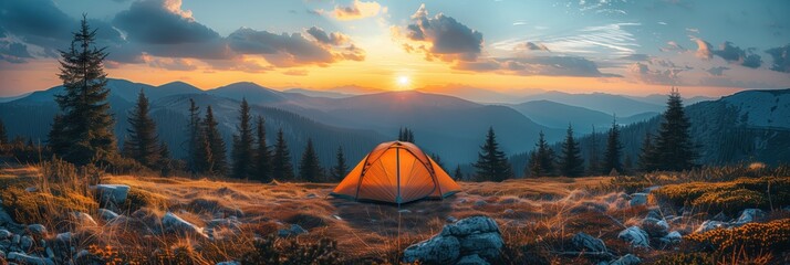 Sunlit orange tent perched on grassy mountain peak, overlooking dramatic alpine panorama during golden hour sunset