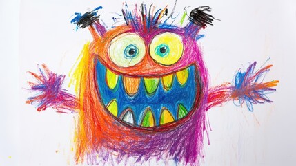 Colorful Cartoon Creature with Big Eyes, Grinning Mouth, and Spiky Hair in Crayon Art Style
