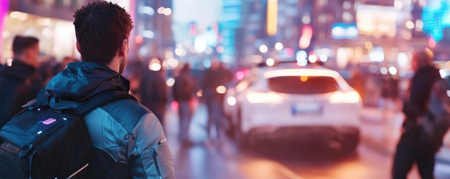 Person explore city street at night with vibrant lights