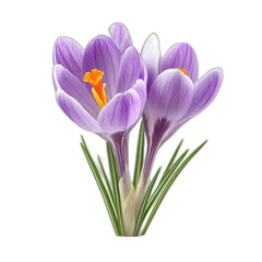 Fototapeta premium Multiple purple and white crocuses with prominent orange stamens, isolated on transparent background.