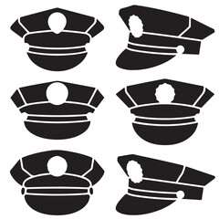 Police Officer Hat Icons, Police Officer Head Silhouettes in Uniform Caps, Outline Illustrations of Police Officer Hats