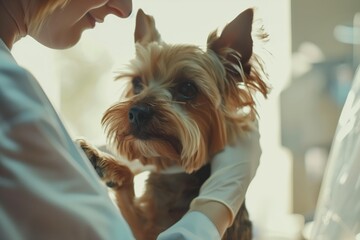 Veterinarian examining an adorable Yorkshire Terrier at a veterinary clinic, providing care and ensuring the pet's health and well being