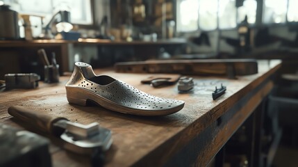 A mockup of a branded dancer shoe sole shaper, placed on a workbench