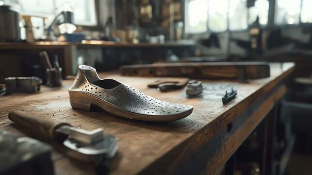 A mockup of a branded dancer shoe sole shaper, placed on a workbench