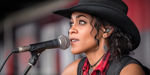 photo of black female country western singer performing at summer music festival 